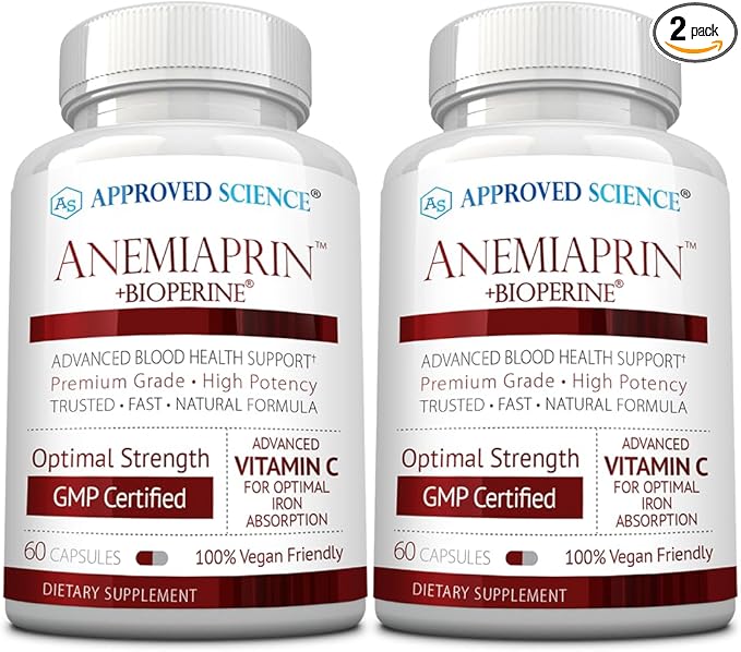Approved Science Anemiaprin - Absorbable Iron Vitamin C - Gentle On Stomach - 120 Capsules - 2 Month Supply - Non-GMO Vegan