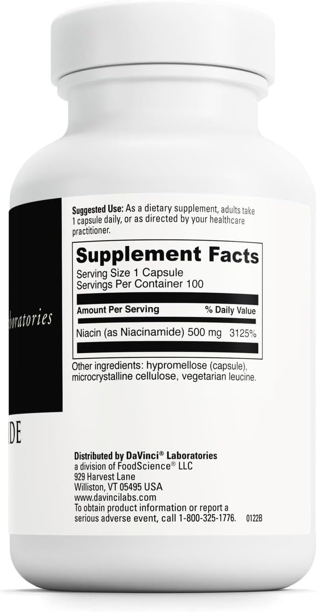Davinci Labs Niacinamide - Dietary Supplement with Vitamin B3 to Support Fat Metabolism Circulation and Healthy Skin* - with 500 mg Niacinamide per Serving - Gluten-Free - 100 Vegetarian Capsules
