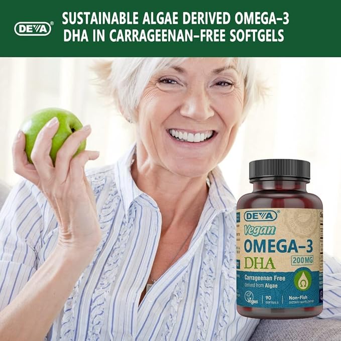 DEVA Vegan Omega-3 DHA Supplement Once-Per-Day Softgel 200 MG Carrageenan Free Gelatin Free Non-Fish Algae Oil Omega-3 Fatty Acids - 90 Softgels (Pack of 2)