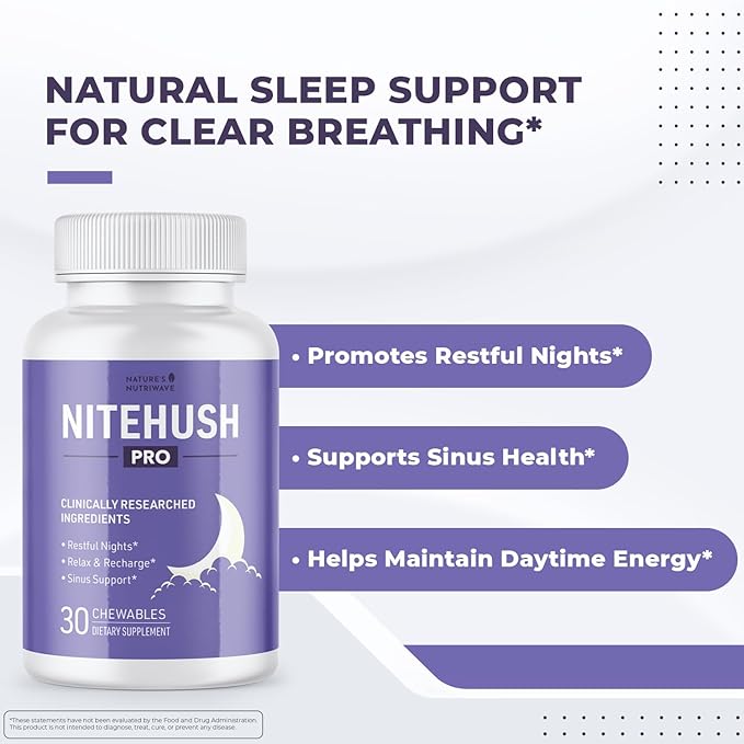 NiteHush Pro – Nighttime Chewable Formula with Ivy Extract Quercetin &amp Citrus Compounds – Non-GMO Natural No Stimulants Made in USA GMP Certified– 30 Chewables 3 Month Supply