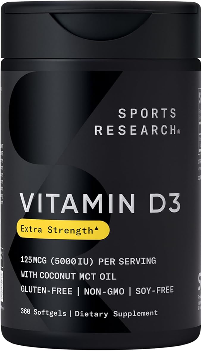 Sports Research® Heart and Bones Pack - High Potency Vitamin D3 5000iu (125mcg) Supplement + Vitamin K2 as MK-7 100mcg with Coconut MCT Oil