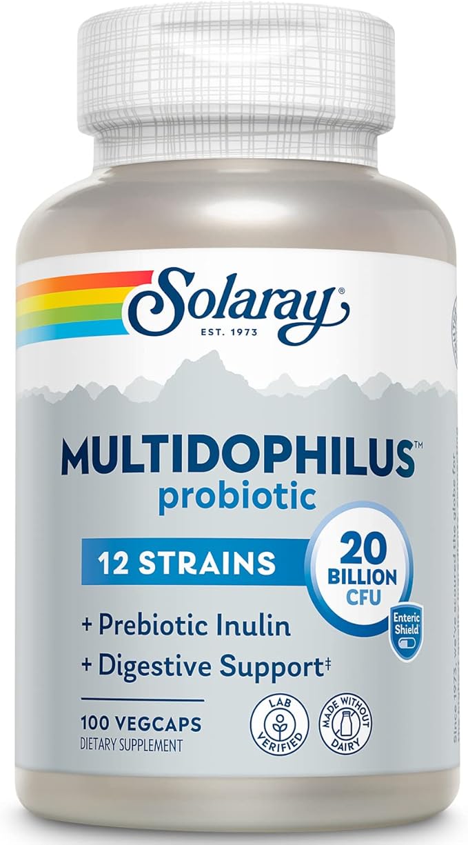 Solaray Multidophilus 12 Strain Probiotic 20 Billion CFU Probiotics for Digestive Health for Women and Men Daily Gut Health Support Complex with Prebiotic Inulin No Dairy - 100 VegCaps