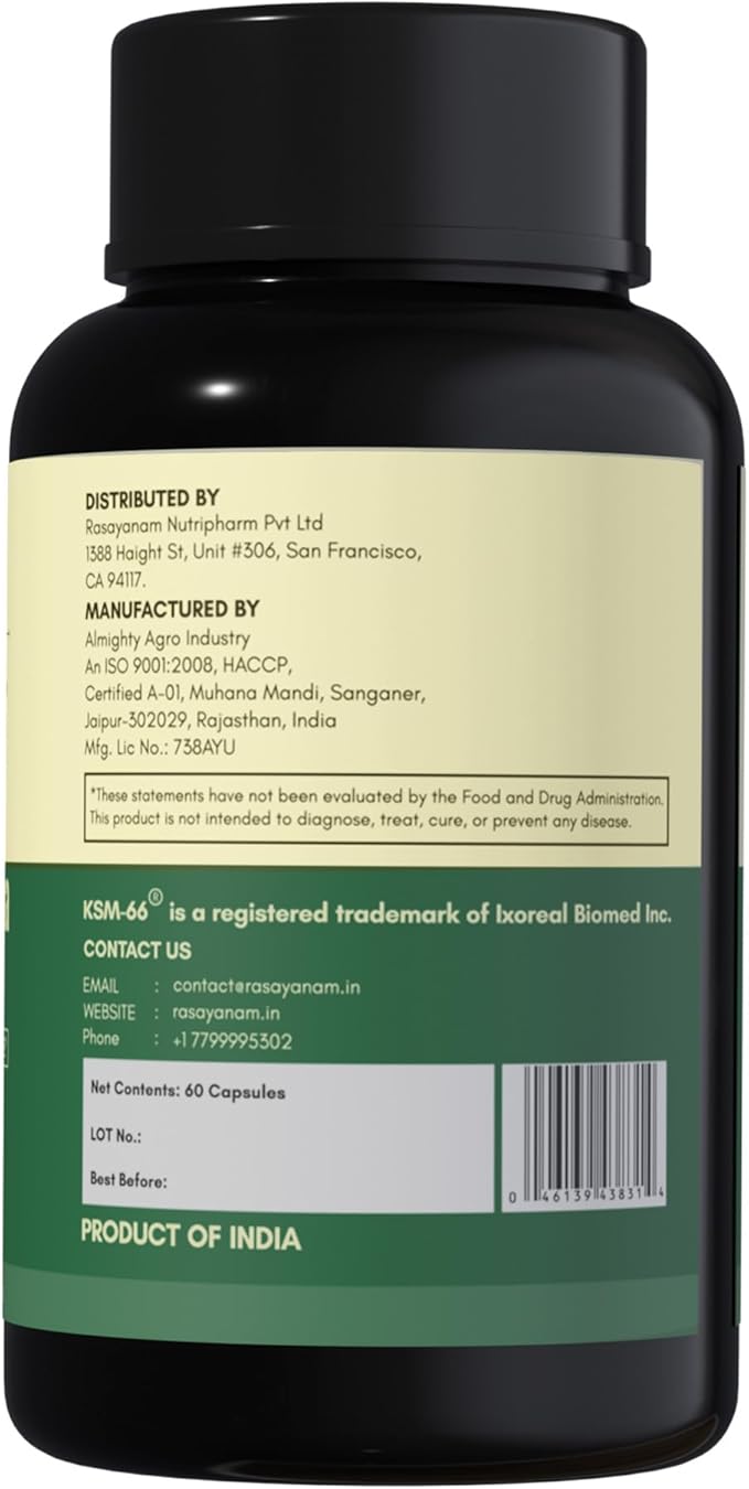 Rasayanam Ashwagandha KSM-66® | 5% Withanolides for Max Results |100% Pure Root Extract | Energy &amp Recovery Support | World’s Strongest Ashwagandha | 60 Capsules