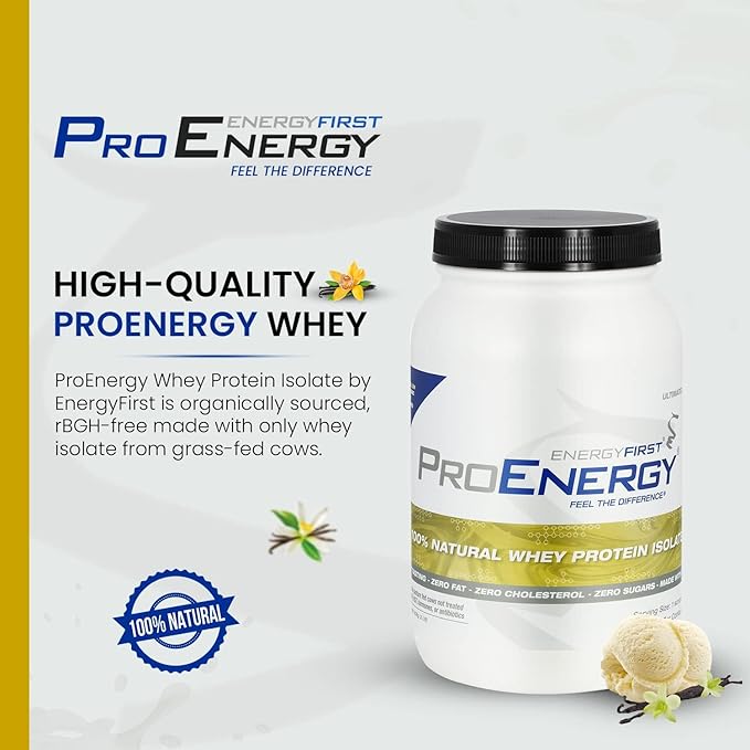 EnergyFirst Vanilla Whey Protein Isolate - Grass Pasture Fed Zero Lactose Gluten-Free All-Natural Sugar-Free Shake for Keto &amp Recovery 2lb