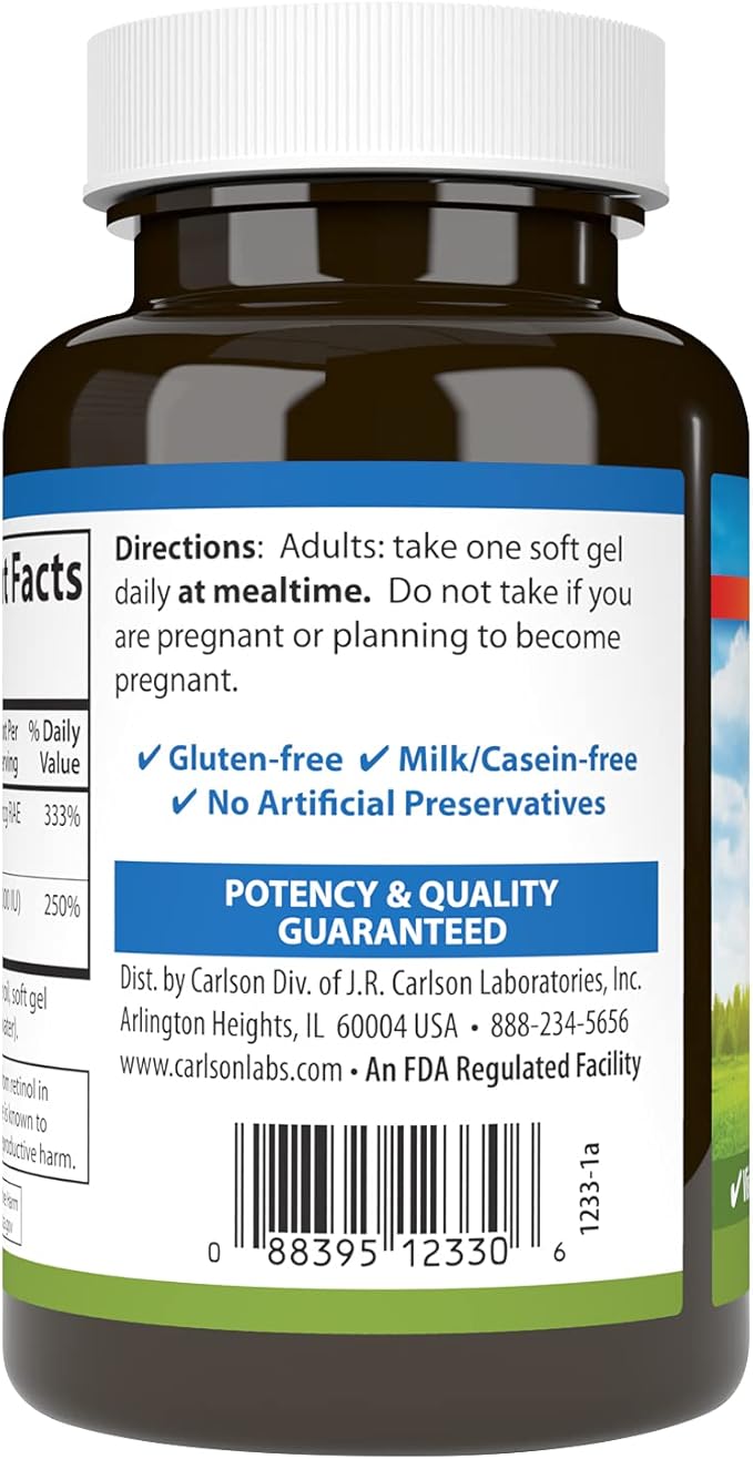 Carlson - A &amp D 10000 IU (3000 mcg RAE) Vitamin A 2000 IU (50 mcg) Vitamin D Vision Support Skin Health 300 Softgels