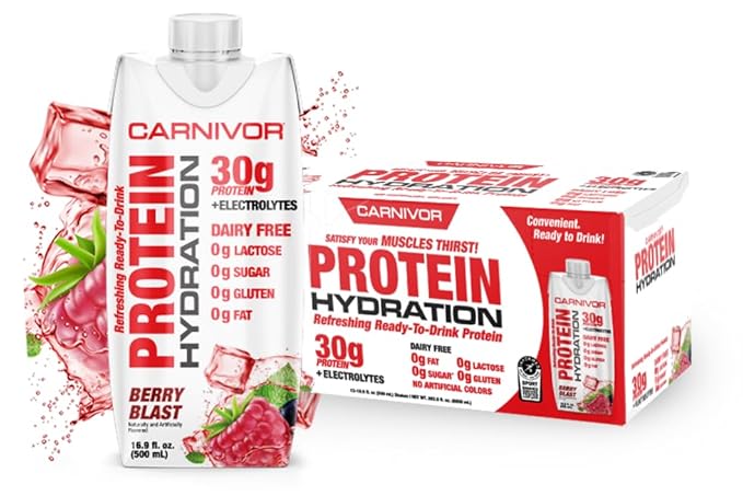 MuscleMeds Carnivor Protein Hydration RTD Ready to Drink Lactose Free Sugar Free 30g Isolate Protein Halal Certified Berry Blast 16.9 Fl Oz (Pack of 12)