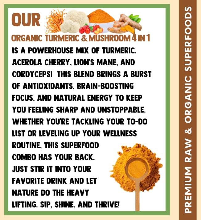 Cherie Sweet Heart Turmeric &amp Mushroom 4-in-1 | All-Natural Plant-Based Powdered Drink Mix | Immunity &amp Wellbeing | Organic Non-GMO Vegan Gluten-Free | No Sugar Added | 8 oz Jar
