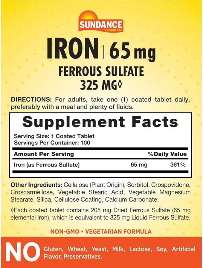 Sundance Vitamins Iron 65 mg - 100 Tablets Pack of 3