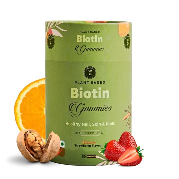 Healthy &amp Shiny Hair Growth | Enriched with Natural Biotin B7 B6 B5 Zinc &amp Amla Extract | 60 Gummies - Strawberry Flavour
