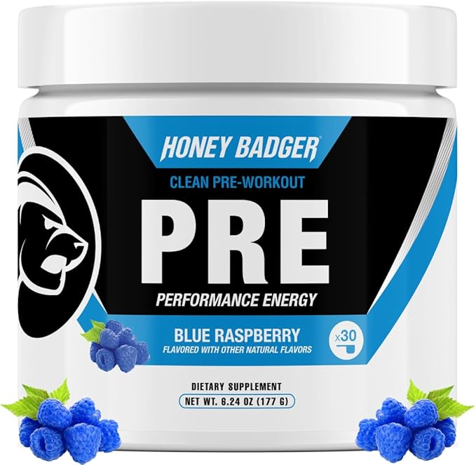 Honey Badger Pre Workout Powder Keto Vegan Preworkout for Men &amp Women Beta Alanine &amp Caffeine Sugar Free Natural Energy Supplement Blue Raspberry 30 Servings