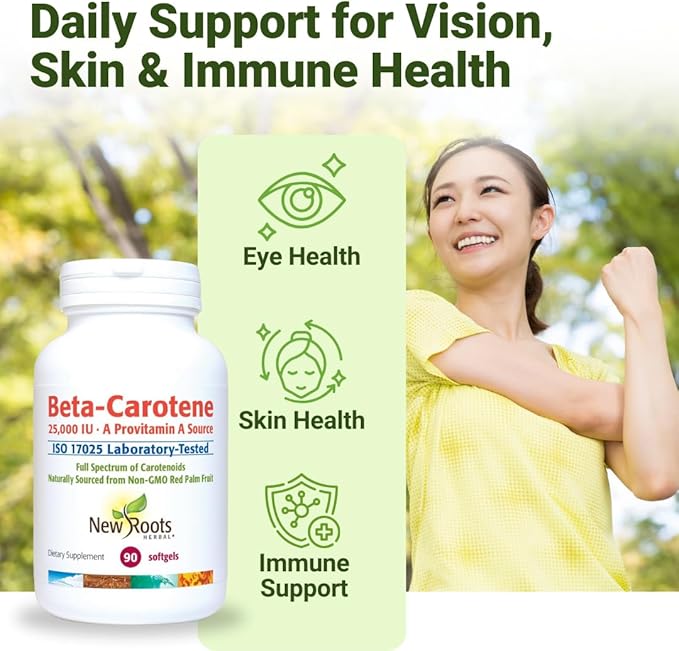 NEW ROOTS HERBAL Beta-Carotene 25000 IU Supplements | Vitamin A (90 Softgels) | Full Spectrum of Carotenoids | Naturally Sourced from Non-GMO Red Palm Fruit + Organic Flax Seed Oil