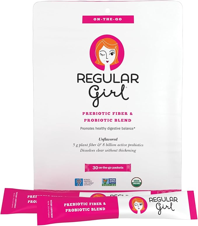 Regular Girl Organic Powder Prebiotic Fiber Supplement and Probiotics for Women Low FODMAP 30 On-The-Go Packets Unflavored 30 Serving Packets