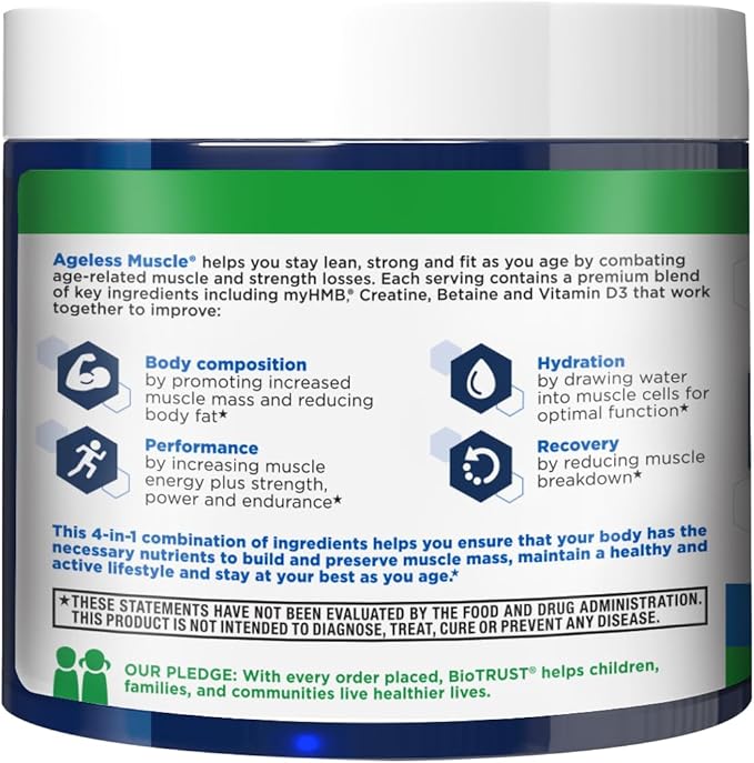 BioTrust Ageless Muscle Builder - Creatine HMB Powder with Vitamin D3 &amp Betaine - Build &amp Preserve Naturally Declining Muscle Mass &amp Strength - Unflavored 30 Servings