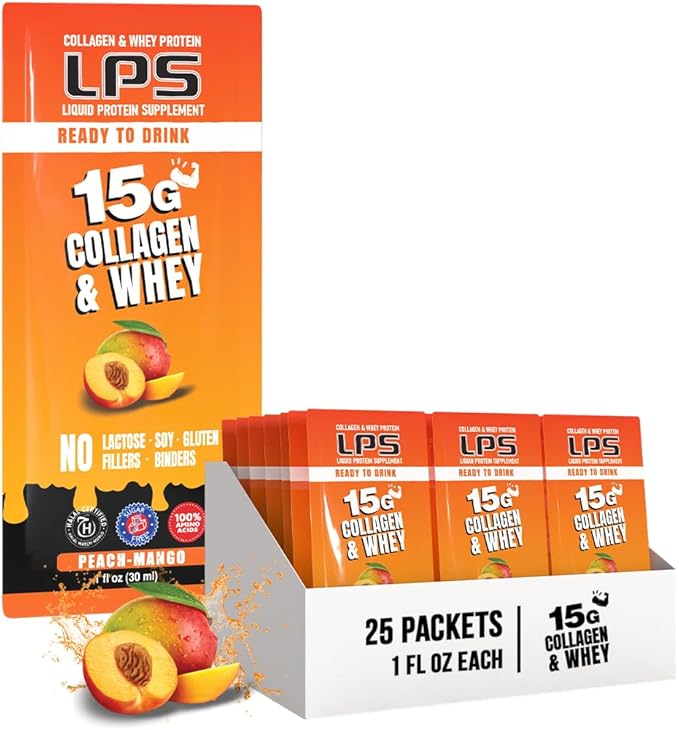 Nutritional Designs LPS Liquid Collagen &amp Whey Protein Supplement - Non-GMO Drink Sugar-Free - Promotes Healthy Skin &amp Hair for Men &amp Women Peach Mango Single Serve (25 Packets)