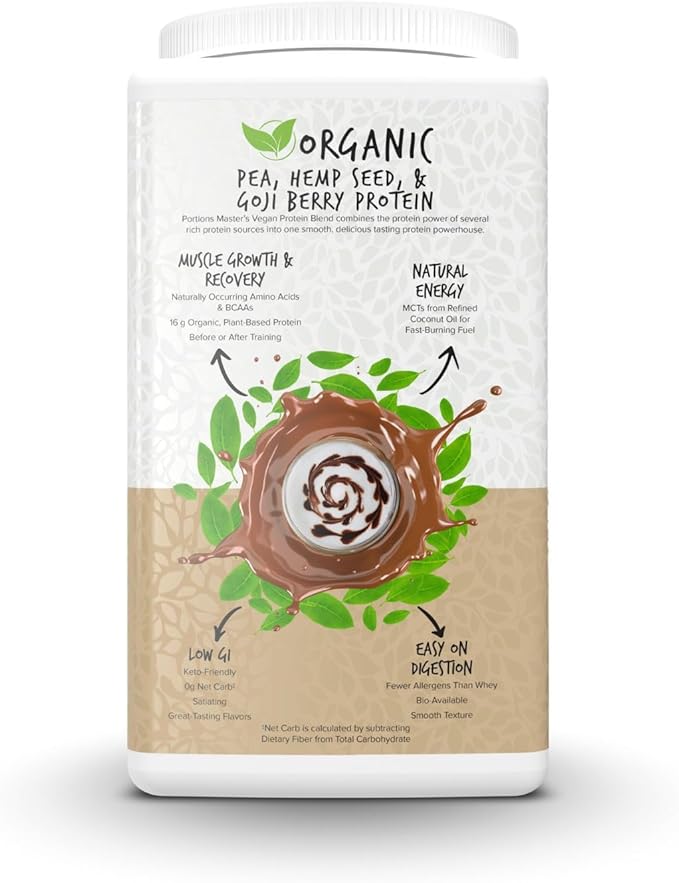 Portions Master Vegan Protein Blend Complete Plant Based Protein Powder with Pea Hemp Seed Goji Blend Medium Chain Triglycerides (750g Mocha)
