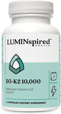 LUMINSPIRED HEALTH Vitamin D3 K2 10000 IU (250 mcg) High Potency Dietary Gluten Free Vitamin Supplements for Healthy Bones Muscles Immune Support &amp Heart Health Non-GMO - 60 Counts Vegan Capsu