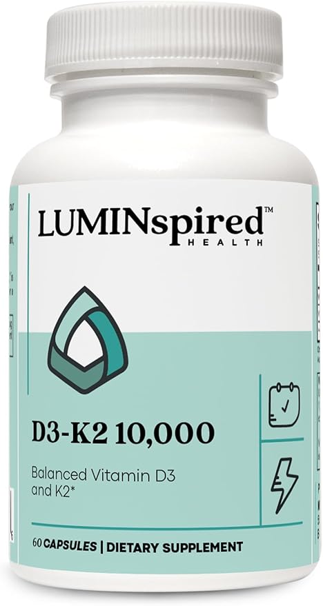 LUMINSPIRED HEALTH Vitamin D3 K2 10000 IU (250 mcg) High Potency Dietary Gluten Free Vitamin Supplements for Healthy Bones Muscles Immune Support &amp Heart Health Non-GMO - 60 Counts Vegan Capsu