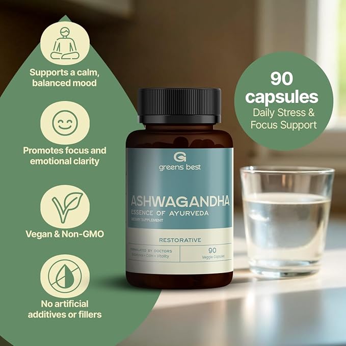 GREEN'S BEST Ashwagandha Capsules – Stress &amp Mood Support Energy &amp Relaxation – Organic Adaptogen Supplement for Calm &amp Focus – 90 Vegan Capsules