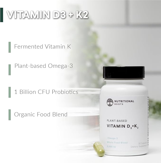 Nutritional Roots - Vitamin D3 &amp K2-5000 iu - 1 Billion CFU Probiotics - Algal Omega 3 DHA - Immune Support - Dietary Supplement - Vegan Formula - 1 Month Supply - 30 Capsules