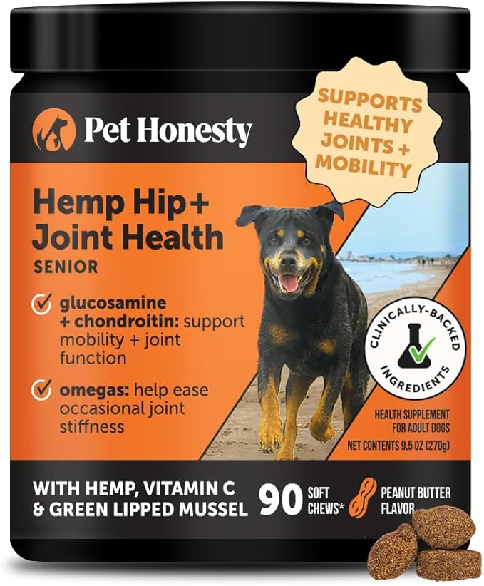 Senior Hemp Hip and Joint Supplement for Dogs - Glucosamine Chondroitin MSM &amp Green Lipped Mussel - Relief for Joint Stiffness Advanced Strength Mobility Support Senior Dogs (Peanut Butter 90 C