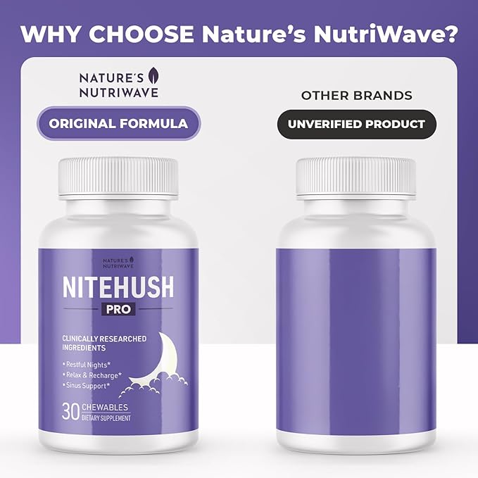 NiteHush Pro – Nighttime Chewable Formula with Ivy Extract Quercetin &amp Citrus Compounds – Non-GMO Natural No Stimulants Made in USA GMP Certified– 30 Chewables 3 Month Supply
