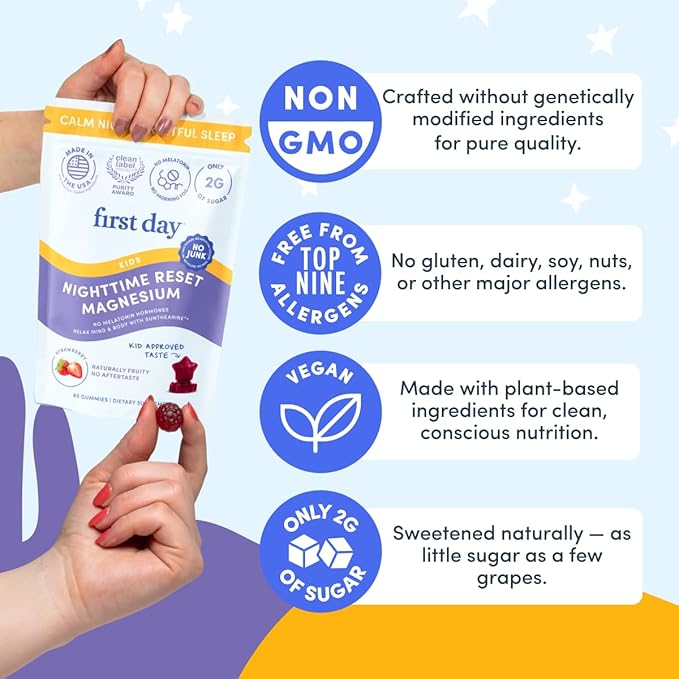 FIRST DAY Kids Calming Gummies (Strawberry) &amp Brain Focus Gummies (Peach) for Rest &amp Attention | Mood &amp Energy | No Melatonin | Stimulant-Free | Clean Label Project Verified® | Vegan | 30-