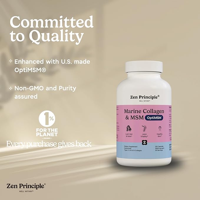 Zen Principle Marine Collagen Peptides Powder with OptiMSM® Supplement. Clinically Tested for Skin Support. Wild-Caught Fish Non-GMO. 420 Capsules.