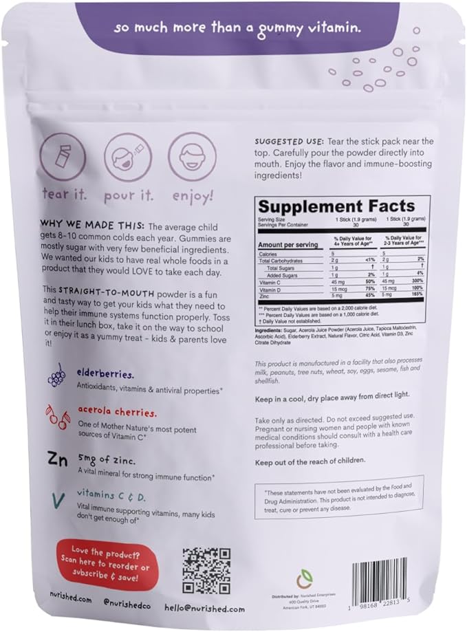 Kids Immune Booster with Elderberry Acerola Cherry Zinc Vitamins C &amp D - Straight-to-Mouth Powder - 30 Servings - 2 Flavors