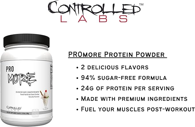 CONTROLLED LABS PROmore Protein Powder (27 Servings) - 24g Protein Per Scoop - 94% Sugar-Free Premium Smooth-Drink Formula (Chocolate Ice Cream Sundae) (27 Servings French Vanilla Ice Cream Sundae)