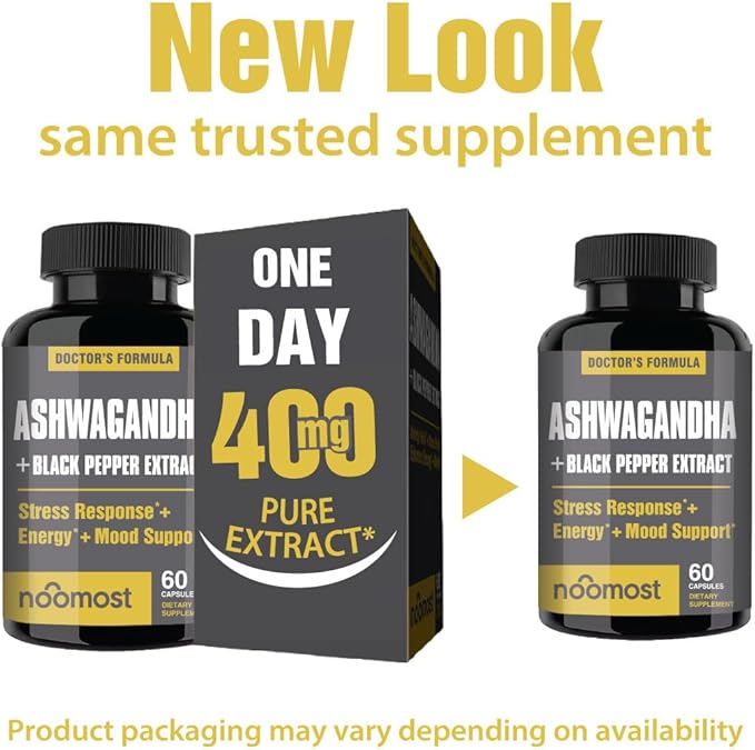 NooMost Ashwagandha Root Extract 15:1 with Black Pepper for Better Absorption - 60 Capsules - Natural Stress Energy Focus &amp Sleep Support - Adaptogen Supplement for Men &amp Women - Made in USA