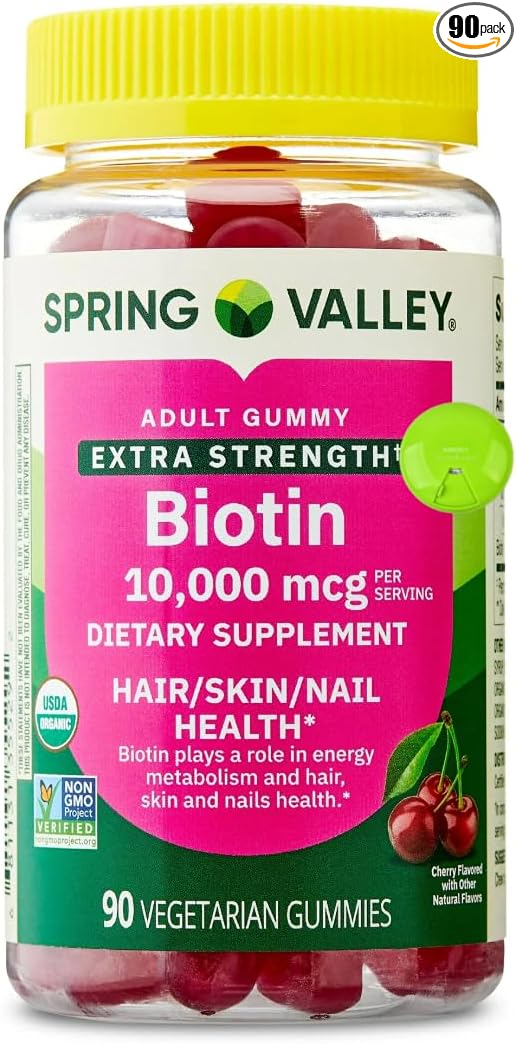 SUREFECT Spring Valley Extra Strength Biotin Gummies 10000mcg - 90 Count - Hair Skin &amp Nail Support - Cherry Flavor - Vegetarian Gluten-Free with Organizer