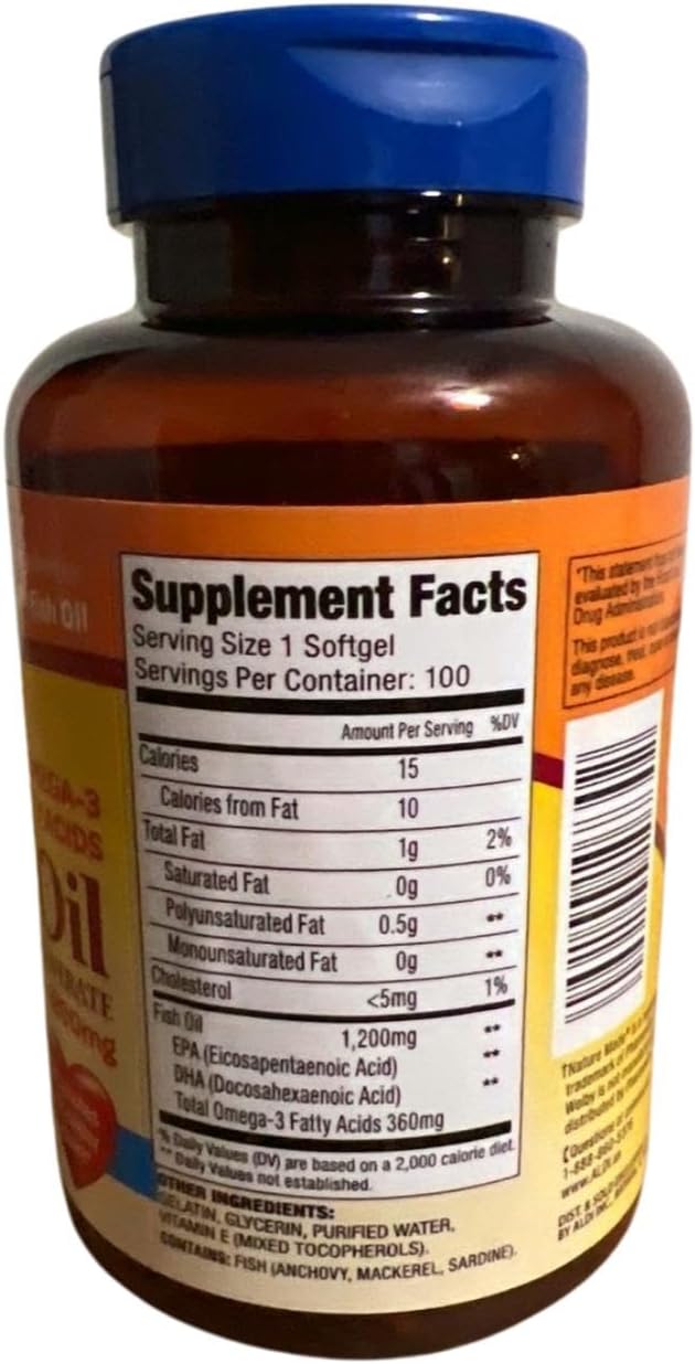 Generic Omega-3 Fatty Acids Fish Oil Concentrate 1200mg 100 Softgels Promotes Healthy Heart Purified to Eliminate Mercury Dietary Supplement Yellow