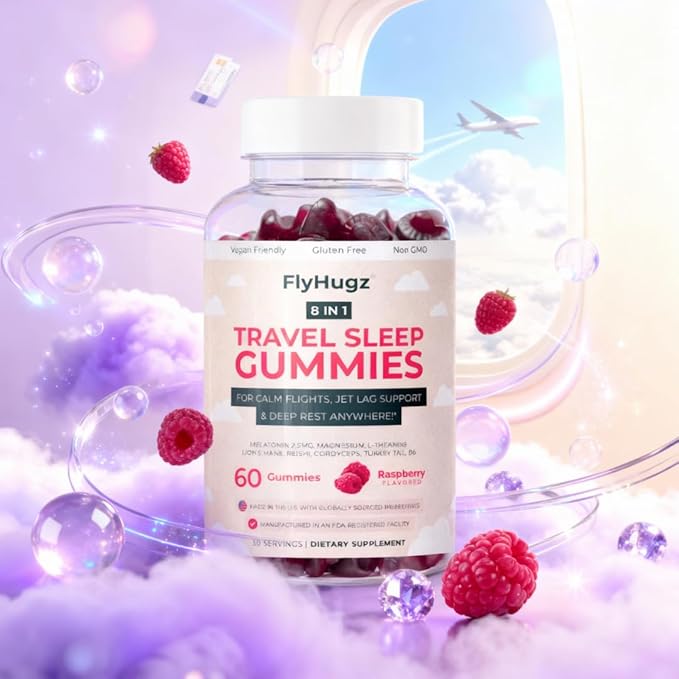 FlyHugz Travel Sleep Support Gummies for Adults with Melatonin L Theanine and Magnesium 60 Vegan Gummies 30 Day Supply Supports Relaxation Calm and Restful Sleep Raspberry Flavor