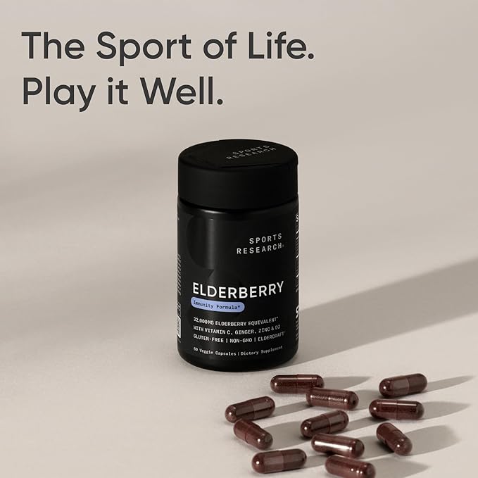 Sports Research® Daily Immune Support Elderberry with Zinc Vitamin C Ginger &amp Vitamin D3 5000iu - Gluten Free · Non-GMO Verified · Soy Free - 60 Veggie Capsules