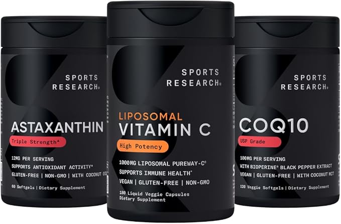 Sports Research® Antioxidant Support Pack - High Potency Liposomal Vitamin C Supplement 1000mg + Coenzyme Q10 100mg + Triple Strength Astaxanthin 12mg w/Organic Coconut Oil