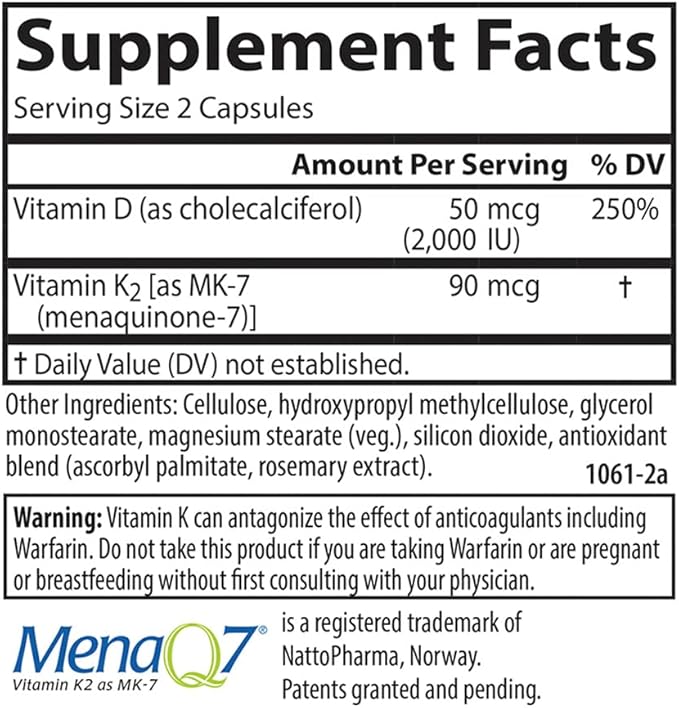 Carlson - Vitamin D3 + K2 50 mcg (2000 IU) Vitamin D3 &amp 90 mcg Vitamin K2 as MK7 Bone Support Calcium Absorption 60 Capsules (Pack of 2)