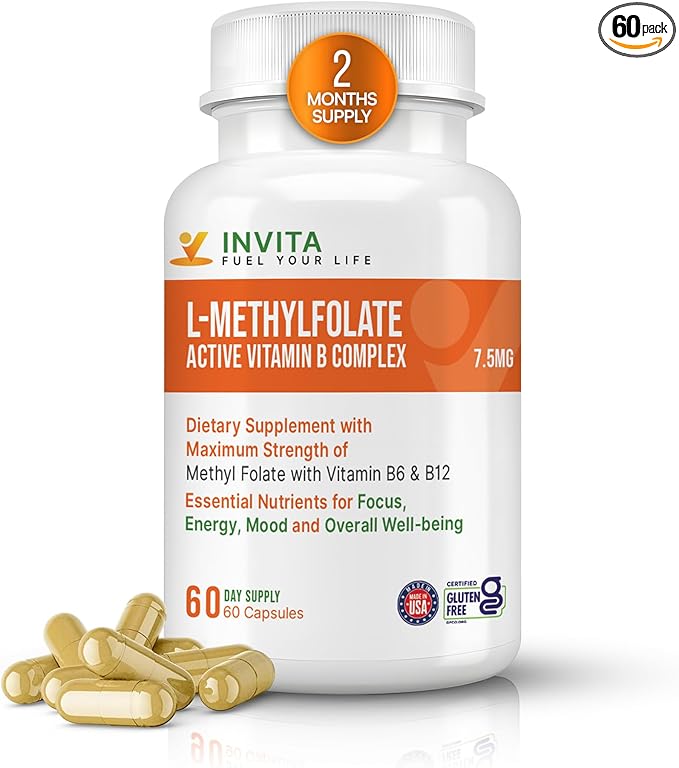 INVITA L-Methylfolate 7.5mg + Active Vitamin B Complex – 60 Capsules - 5-MTHF Supplement with Vitamin B6 &amp B12 Methylcobalamin for Mood Energy and Heart – Non-GMO Gluten Free 2-Month Supply