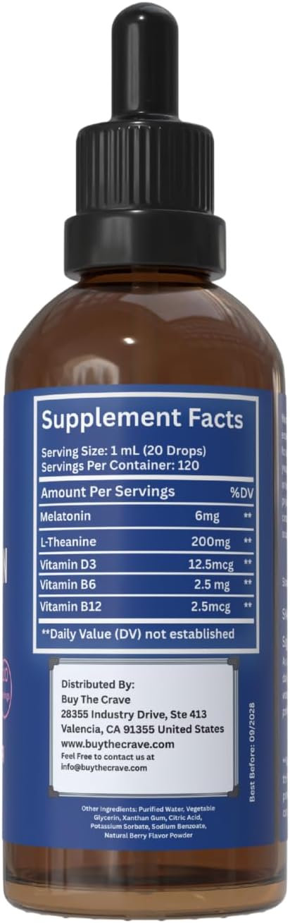 Melatonin Drops 6mg with L-Theanine Vitamin B6 B12 &amp D3 – Berry Flavor Sleep Support Fast-Acting Liquid Melatonin 4 fl oz (120mL) Natural Nighttime Relaxation Formula