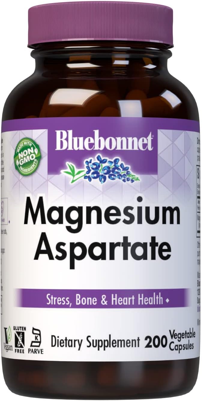 Bluebonnet Nutrition Magnesium 400 mg Chelated Magnesium Aspartate Daily Mineral Heart &amp Bone Support* Supplement for Men &amp Women Vegan Non-GMO - 200 Vegetable Capsules