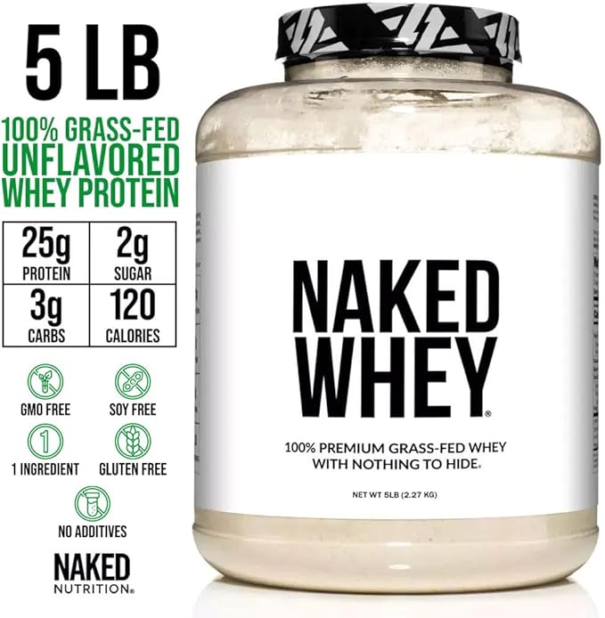 NAKED Whey 5LB 100% Grass Fed Unflavored Whey Protein Powder - Only 1 Ingredient NSF Certified Undenatured Gluten Free Soy Free Promote Muscle Growth and Recovery - 76 Servings