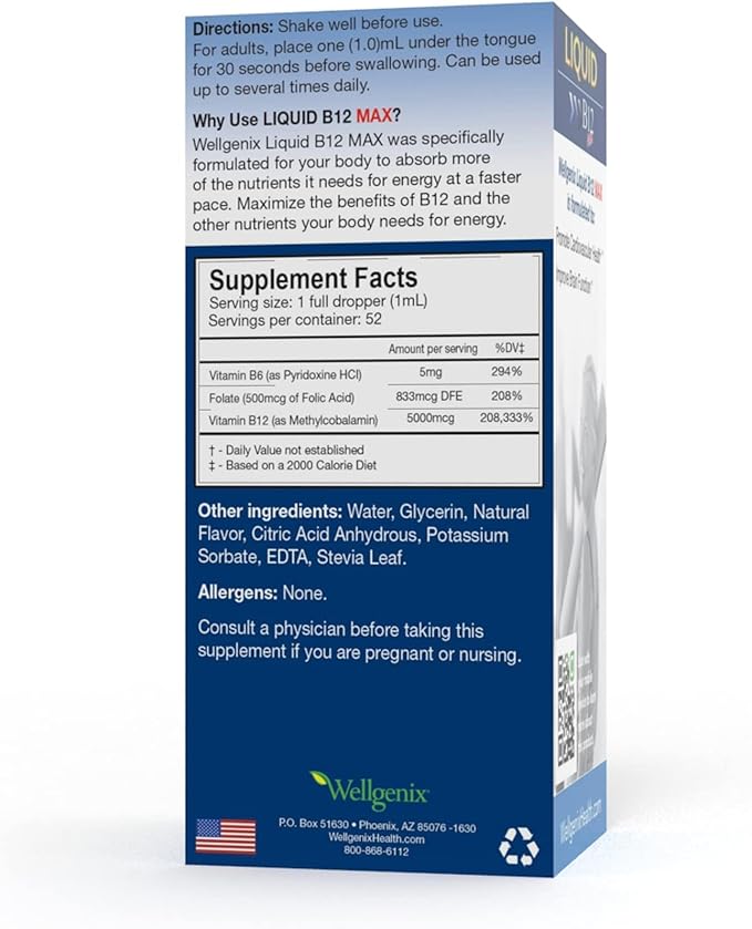 Wellgenix B12 Max Liquid - Vitamin B6 B12 &amp Folate-High Absorption - Cardiovascular Health Mental Clarity Energy Boost &amp Weight Loss - 1.75oz 2 Pack