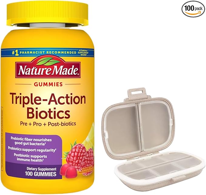 Nature Made Triple Action Biotic Gummy 100 Gummies Bundle with a Pill Oragnizer (2 Items)