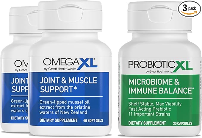 OmegaXL Powerful Joint and Muscle Support Supplement 60 Count (2 Pack) &amp Probiotic XL - PreforPro DE111 Shelf Stable - Promote Healthy Gut Flora Growth (30 Veggie caps)
