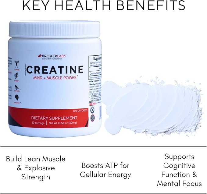 Bricker Labs Creatine Monohydrate Powder – 5g Pure Ultra-Fine Creatine per Serving – Muscle Growth Strength Endurance &amp Focus – Unflavored – 60 Servings – Workout &amp Cognitive Support for Men