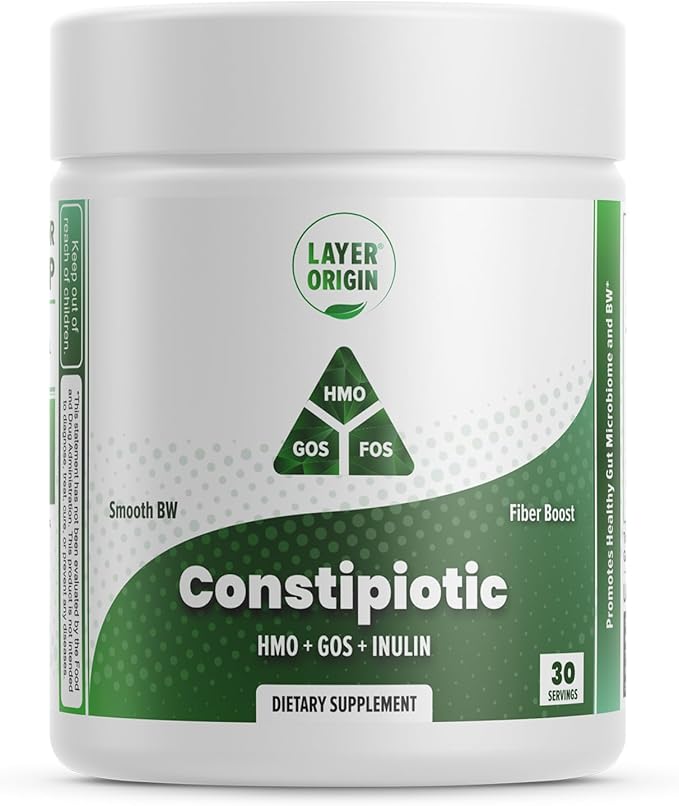 Layer Origin Constipiotic Prebiotic Fiber to Ease Bowel Movement and Support Regularity - 4.4 g Per Serving - HMO 2'FL GOS Inulin FOS - 30-Day Supply - Unflavored No Taste Dissolve Easily