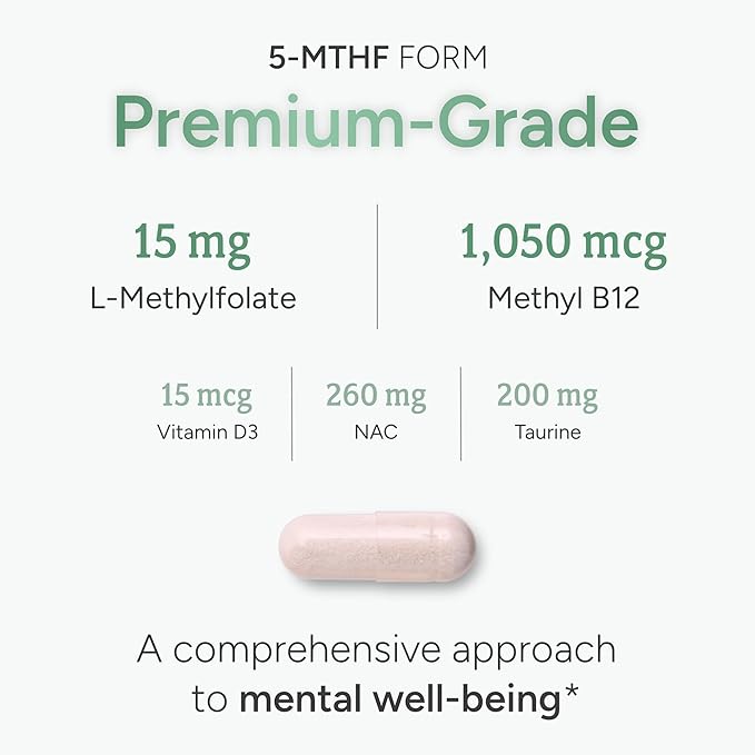 L-Methylfolate 15mg | 5-MTHF (Active B9) with Methyl B12 D3 NAC &amp Taurine | Premium Methylated Folate Supplement for Daily Use | Mood Energy &amp Cognitive Support | 60 Capsules