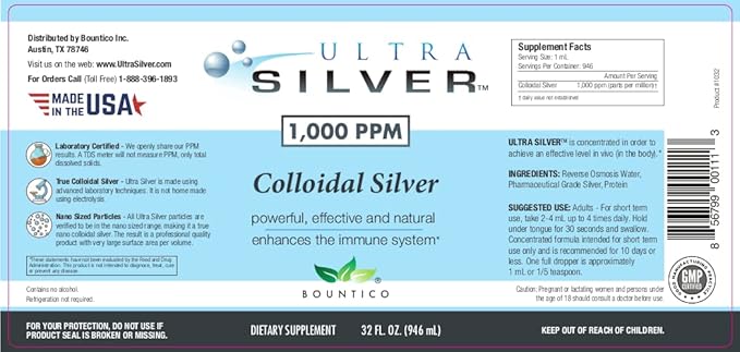 Ultra Silver® Colloidal Silver | 1000 PPM 32 Oz (946mL) | Mineral Supplement | True Colloidal Silver - 4 oz Dropper Bottle (Empty) Included for Dispensing!