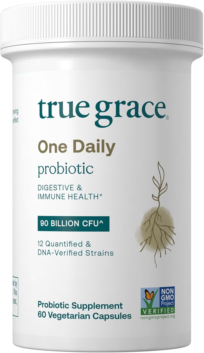 True Grace One Daily Probiotic - 60 Vegetarian Capsules - 90 Billion CFU - Gut Digestive &amp Immune Health Support Blend with Prebiotic Fiber - Gluten &amp Soy Free - 60 Servings