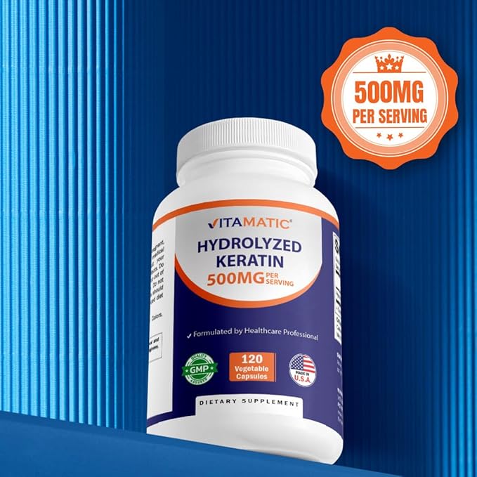 Vitamatic Hydrolyzed Keratin 500mg per Serving - 120 Vegetarian Capsules - Keratin Supplements for Healthy Hair Skin &amp Nails for Adults-2 Pack