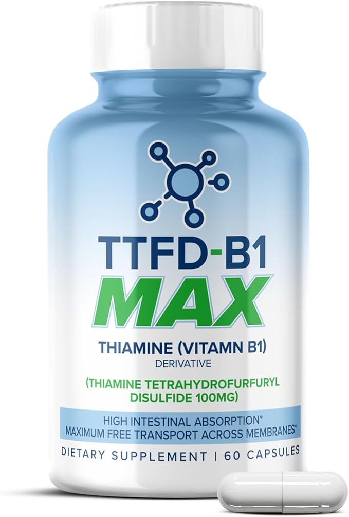 TTFD Thiamine B1 Supplement 60Capsules Made in USA- Thiamine TTFD Vitamin B1 MAX High-Potency Supplement for Energy &amp Focus Supports Healthy Nerve Function &amp Overall Wellness by MaxLife Natu